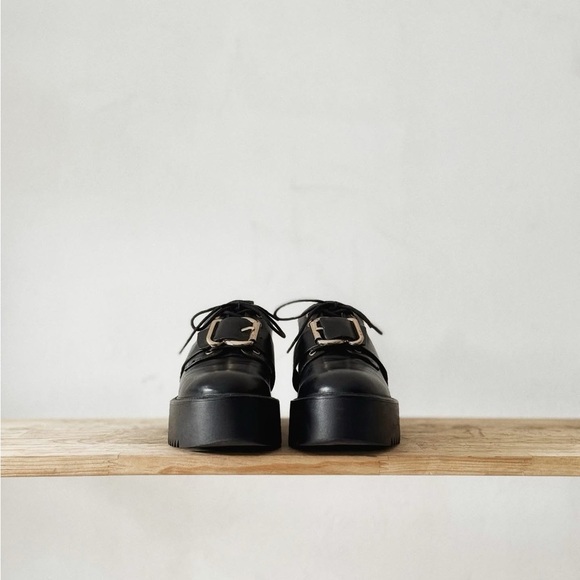 Stradivarius Black Leather Platform Shoes with Silver Buckle - Picture 8 of 11